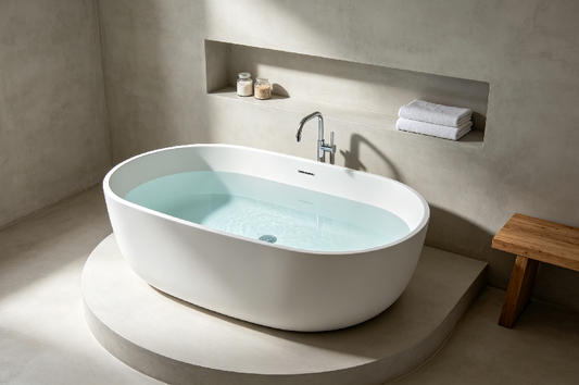 Modern freestanding bathtub in a bright bathroom